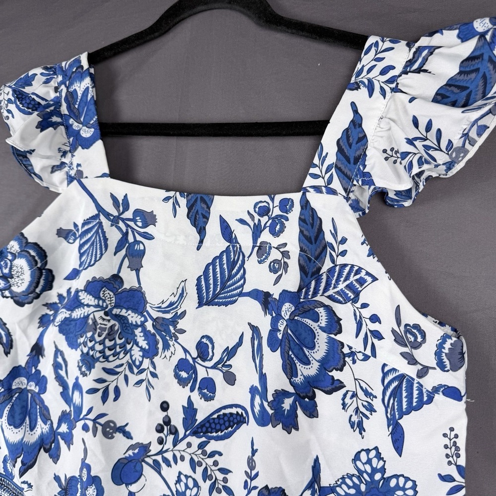 Emery Rose Blue White Floral Woven Ruffle Strap Square Neck Blouse L Sleeveless